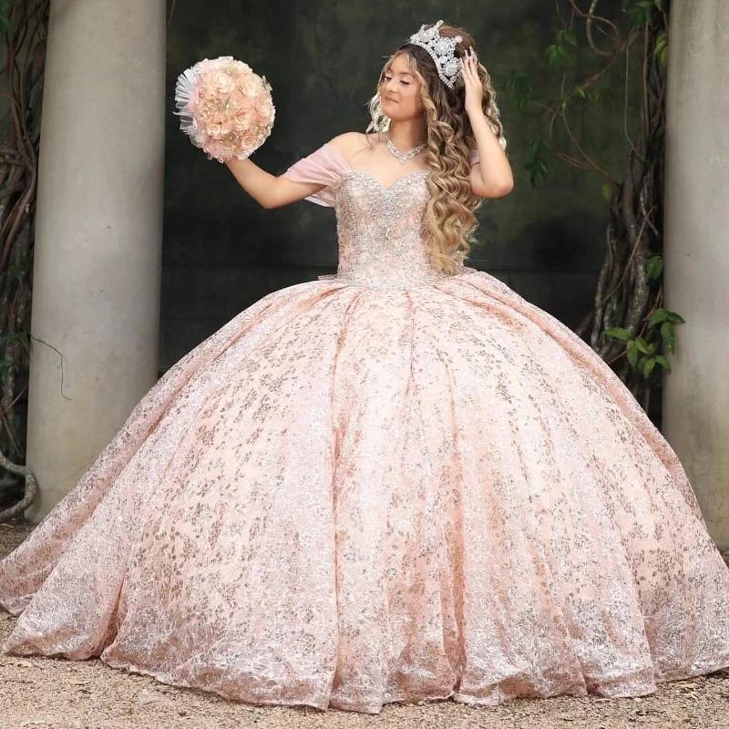 Vestidos princesa Quinceanera com missangas e apliques, rosa e dourado, elegante vestido de festa, doce vestido de princesa, Luxo, 15 e 16 anos, 2024