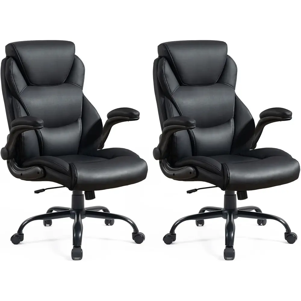 Black Leather Big & Tall Office Chairs, Heavy Duty Swivel Desk Chairs with Padded Arms, Set of 2 for Home Office