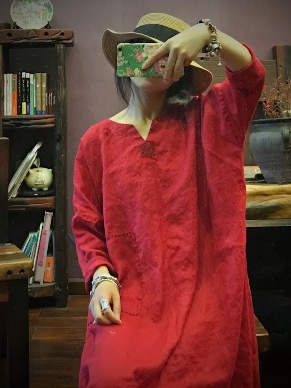 

Loose Cotton Linen Long Dr Simple Color V-Ne Retro Sle Autumn New Women's Faion Large Size Robe Dr