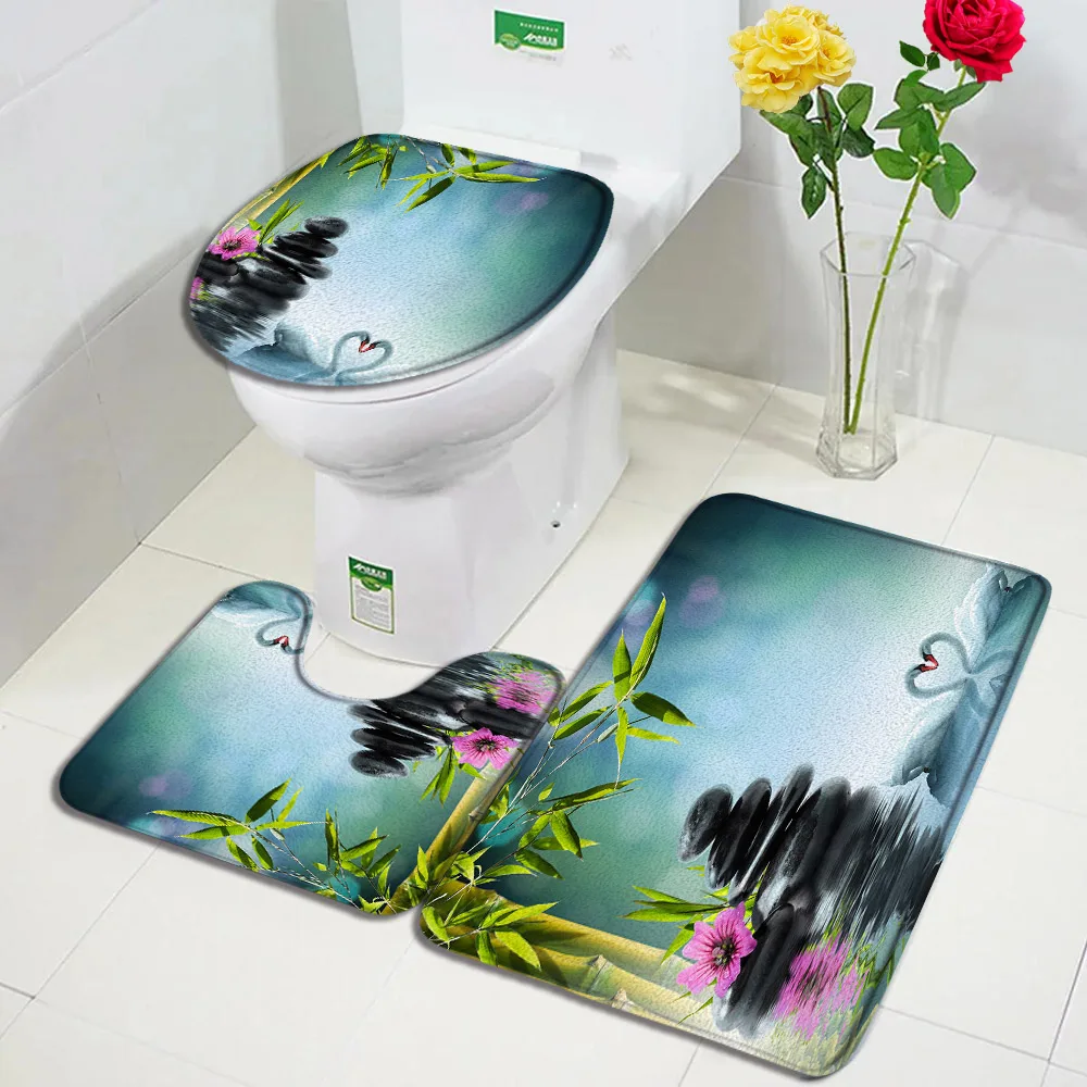 Zen Bath Mat Set Green Bamboo Black Stone Flower Swan Landscape Home Floor Carpet Bathroom Decor Non-Slip Rugs Toilet Lid Cover