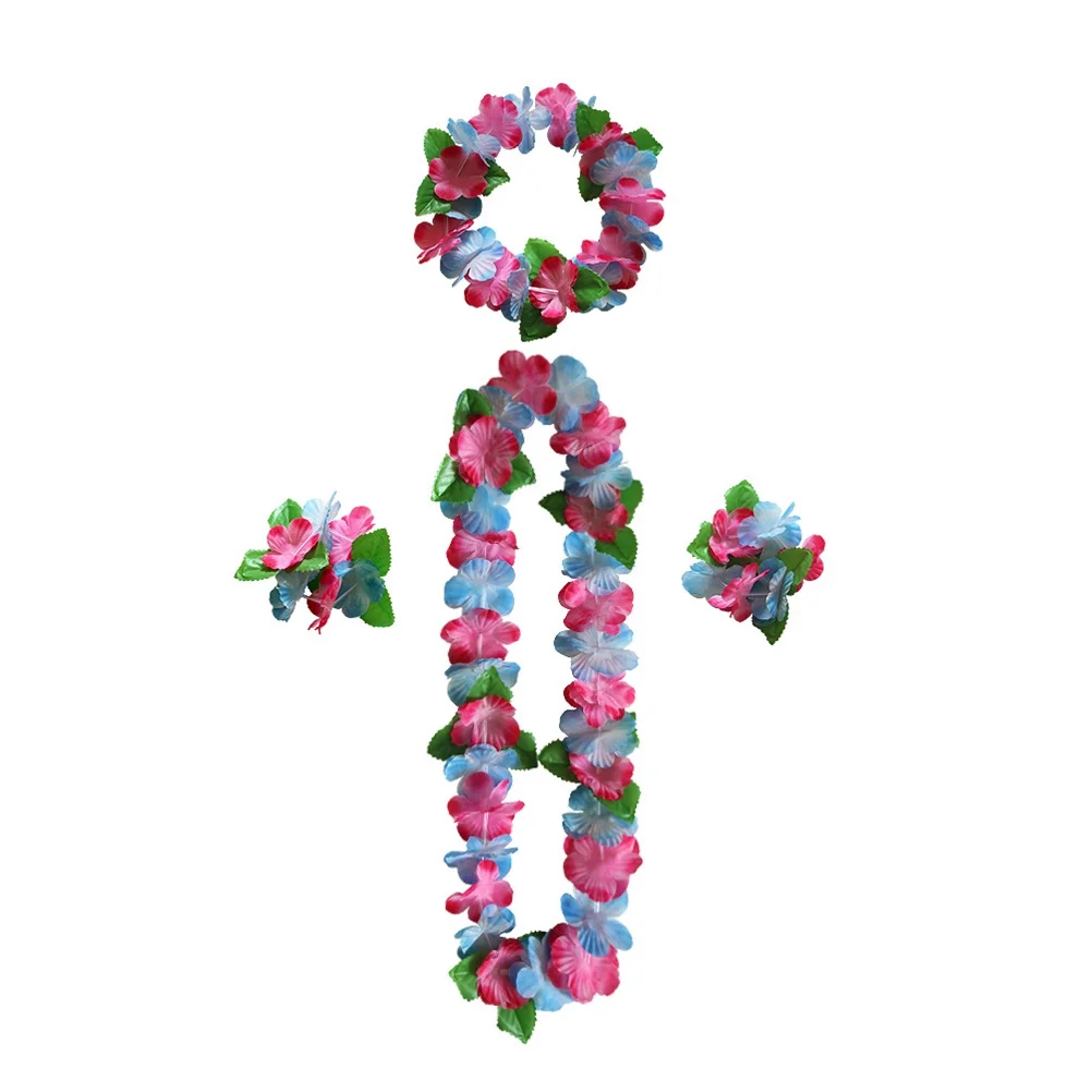 

6pcs Hawaiian Flower Headband Necklace Bracelet Set Artificial Floral Wreath For Beach Birthday Decorations Luau Party Supplies