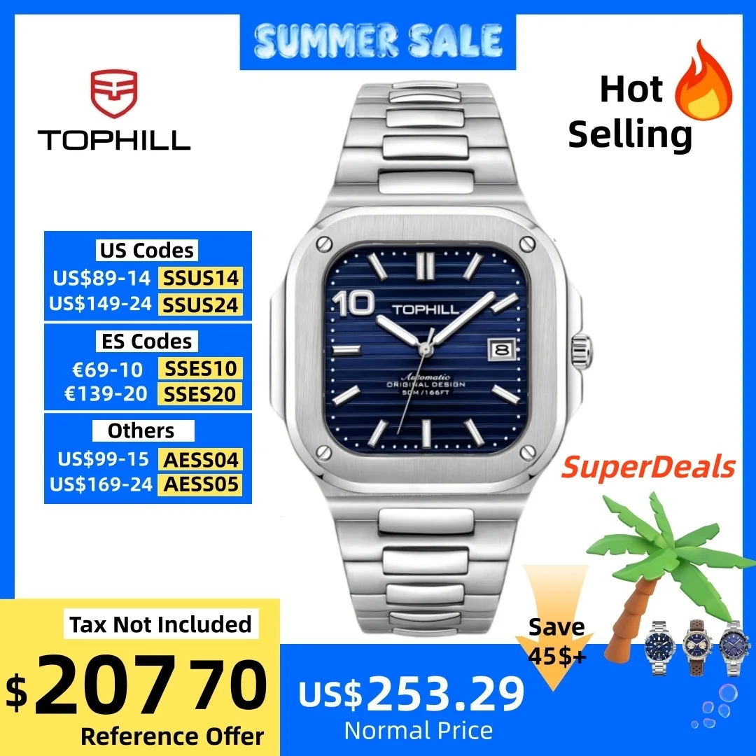 

TOPHILL 39mm Square Automatic Watch Mechanical Ultra-Thin Case 9019 Movement Sapphire 5ATM Oil-Pressured Dial DS-1 Lume TW089G