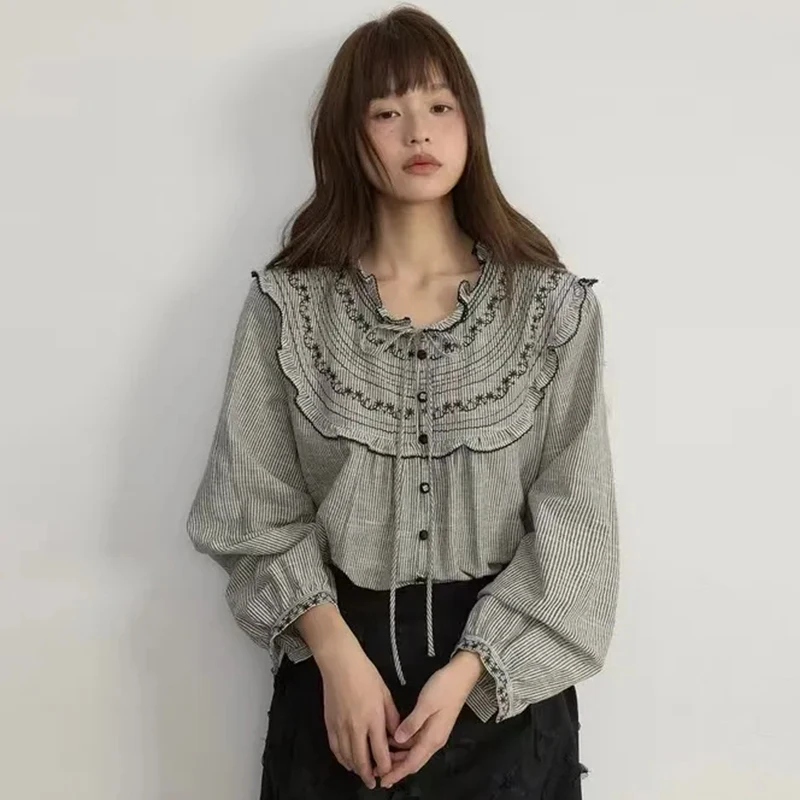 

Y2K Vintage Embroidered Shirt Women Korean Preppy Style Chic Long Sleeve Tops Chic Striped Lace Up Loose Female Blouse New