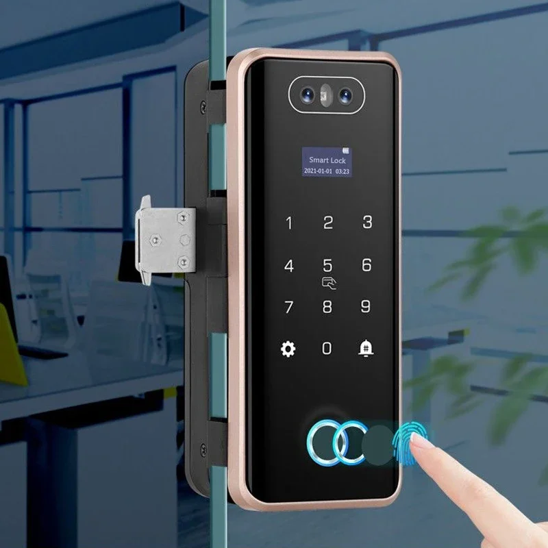 

WIFI TUYA Fingerprint 3D AI Face Facial Recogition Password RFID Card Office Home Wooden Frameless Smart Glass Door Lock