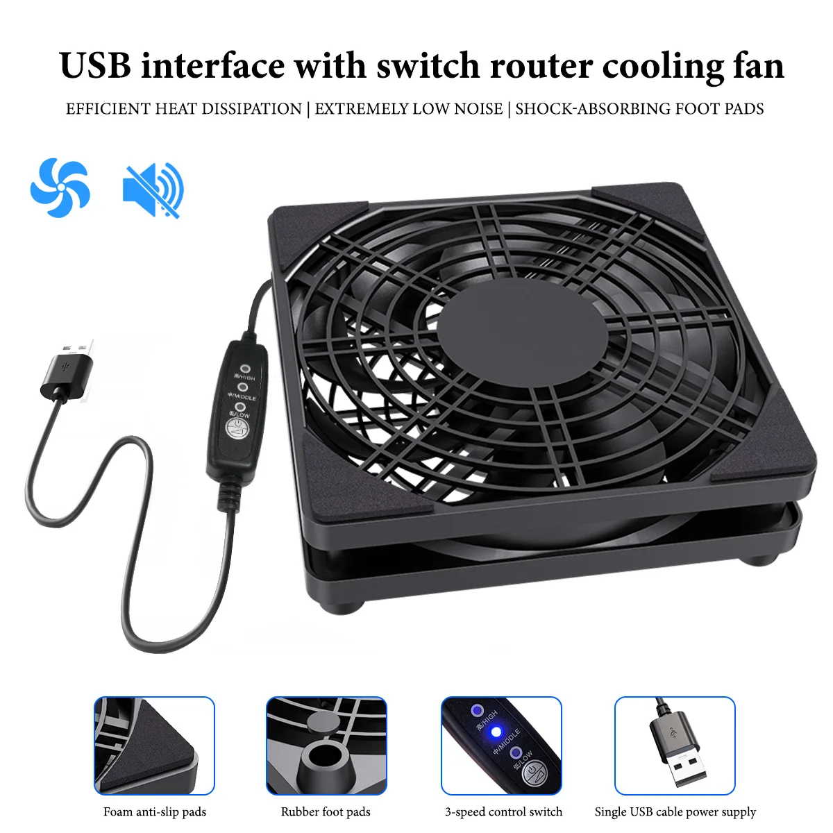 3-Speed Adjustable Cooling Fan, USB Interface, 5V Power Supply, Suitable for Routers/Modems/TV Set-Top Boxes/Personal Computers