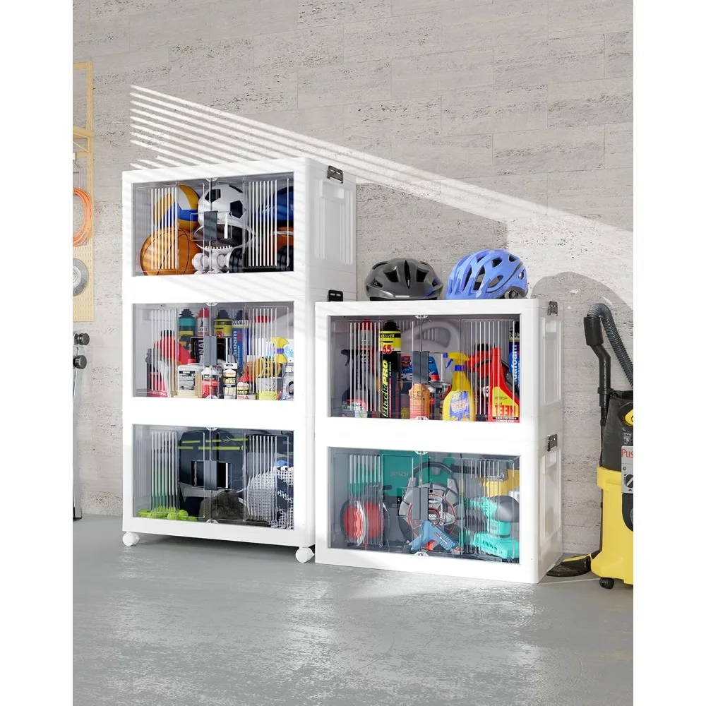 Storage Bins with Lids - Folding Storage box with Doors and Wheels, Collapsible Plastic Storage Bins for Closets