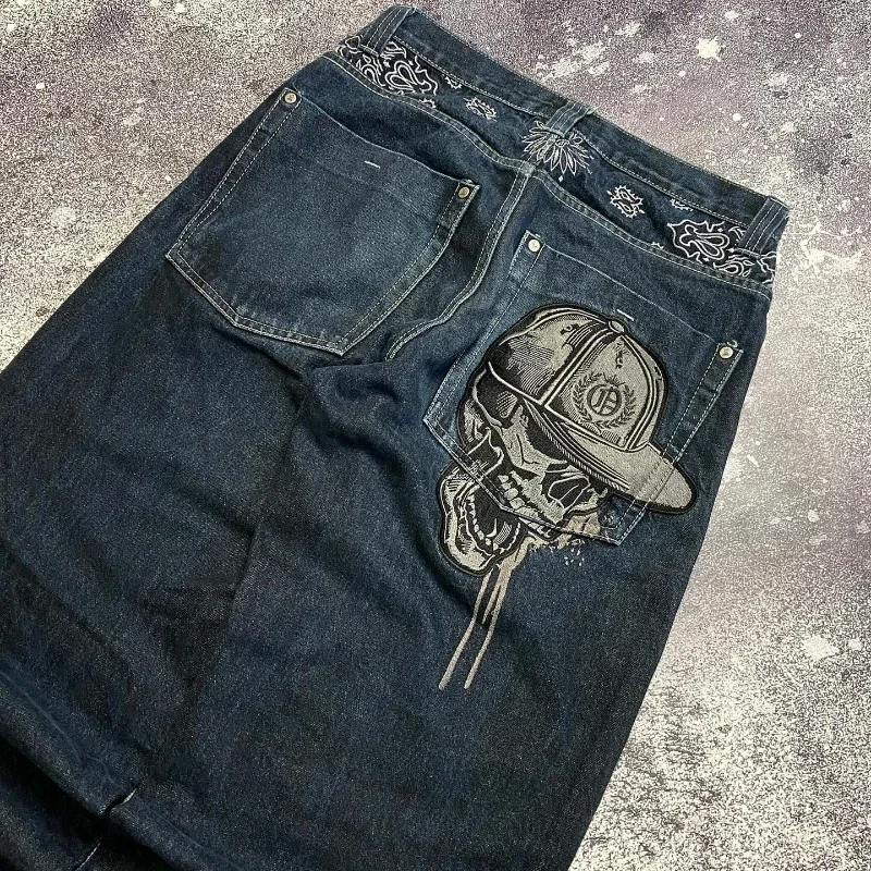 Y2K Jeans New Skull Embroidery Casual Baggy Jeans Men Women Streetwear Harajuku Vintage Gothic High Waist Wide Leg Pant Trouser