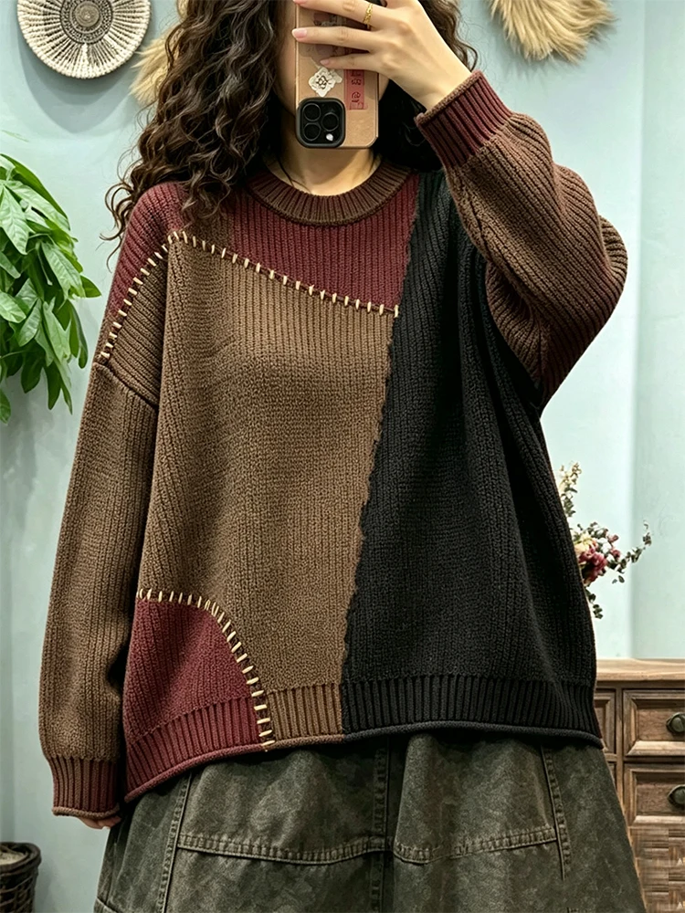 Amax LuluE Autumn Ladies Vintage Knitted Pullover Fashion Big Size Sweaters Womens Leisure Loose Embroidery Warm O Neck Jumpers view 3