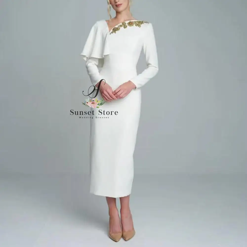 Customized Asymmetric Neckline Tea Length Prom Dresses Full Sleeve Formal Evening Party Gown Gold Beaded Wedding Guest Dress