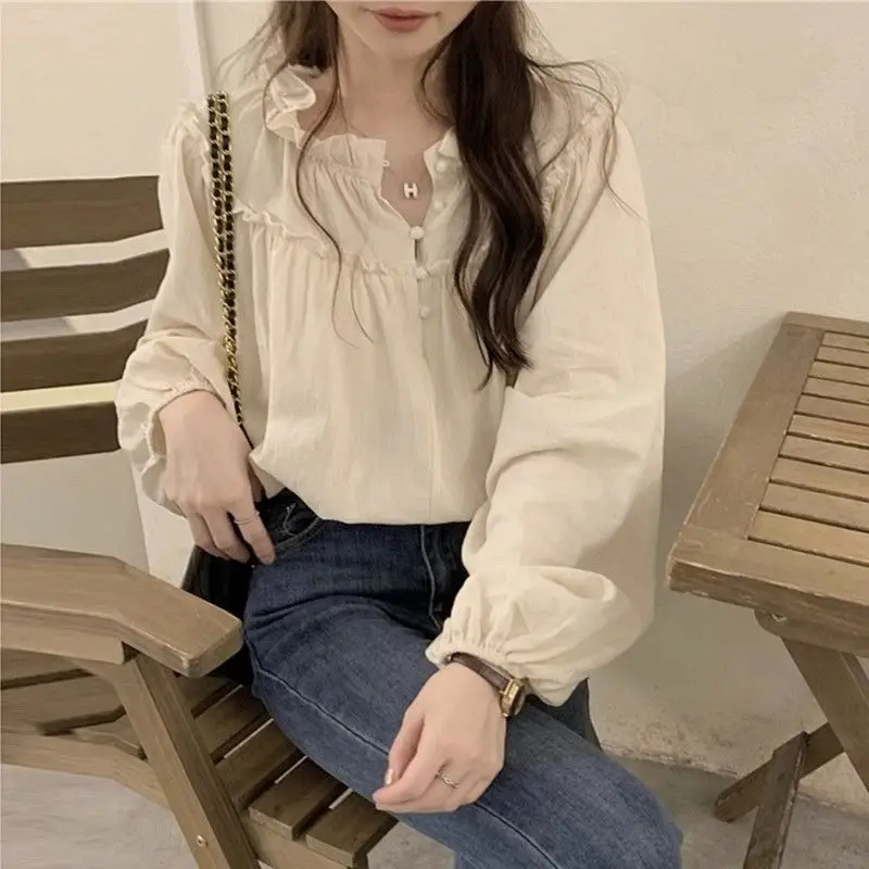 French Retro Long Sleeved Shirt Women\'s Spring Outfit New Design Niche Pleated Loose and Fashionable Top Super Fairy