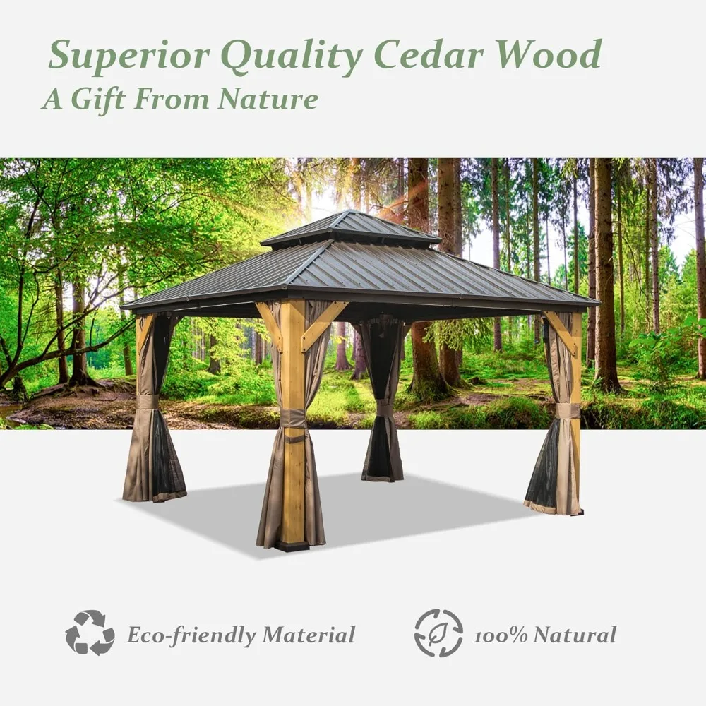 12x12 ft, Cedar Wood Frame Hardtop Gazebo with Galvanized Steel Double Roof,Gazebo with Netting Curtains,Pavilion for Patio