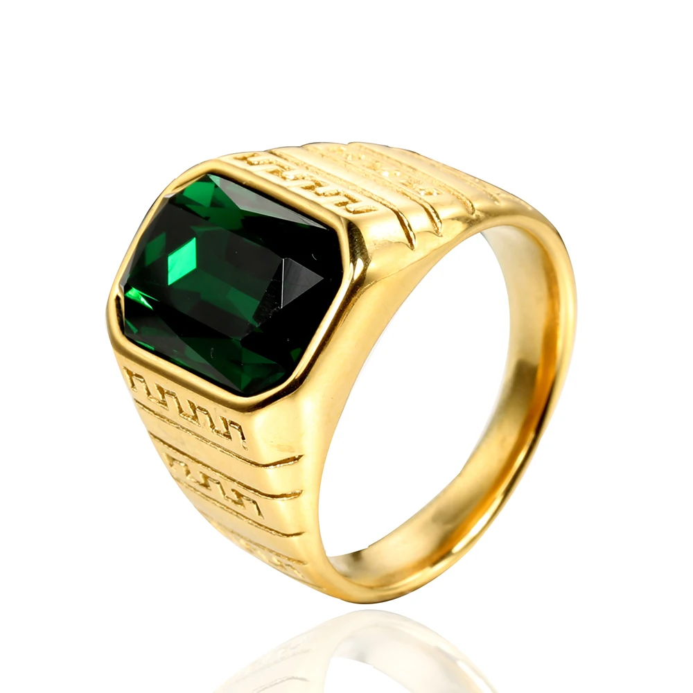 Fashionable pattern carving multicolored square gemstone diamond titanium steel ring