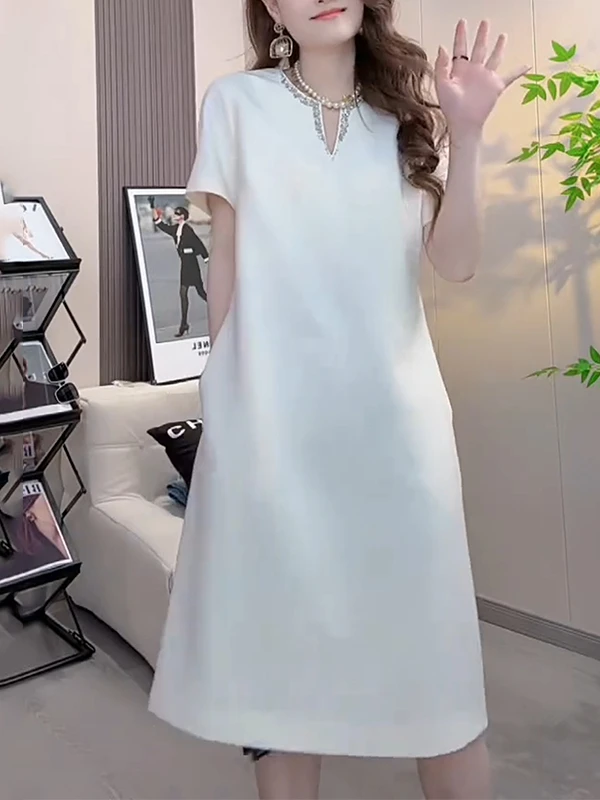 

Ele Long Summer Dr Gtuq High-End V-Ne Diamond Embedded Mid-Century Women's Faionable Knee-Length Dr