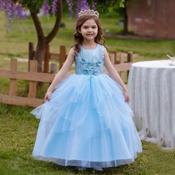 Teen Tulle Bridesmaid Dresses For Girls Wedding Children Costume Applique Flower Princess Dress Kids Girl Party Evening Vestidos