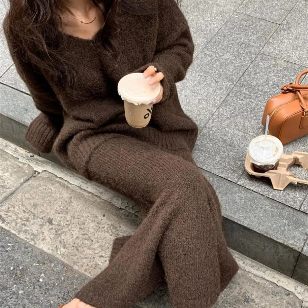 Autumn Winter Fashion Sweater Suit Women V Neck Long Sleeve Top High Waist Skirt Elegant Vintage 2 Piece Set Casual Knitted Sets