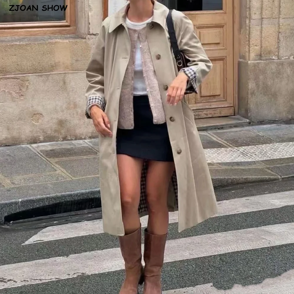 

2025 винтажный женский плащ цвета хаки с лацканами и клетчатой подкладкой, рукав реглан, плащ с открытыми пуговицами, длинная ветровка миди, пальто, свободная верхняя одежда
