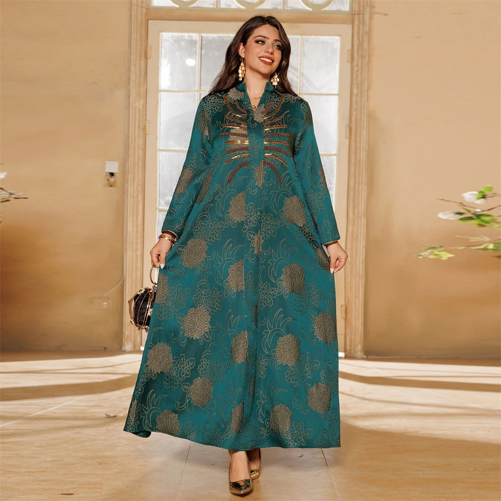 

Muslim Abaya Jacquard Flower Print Dress Gold Beading Middle East Women Loose Robe Dubai Saudi V-neck Kaftan Eid Gown