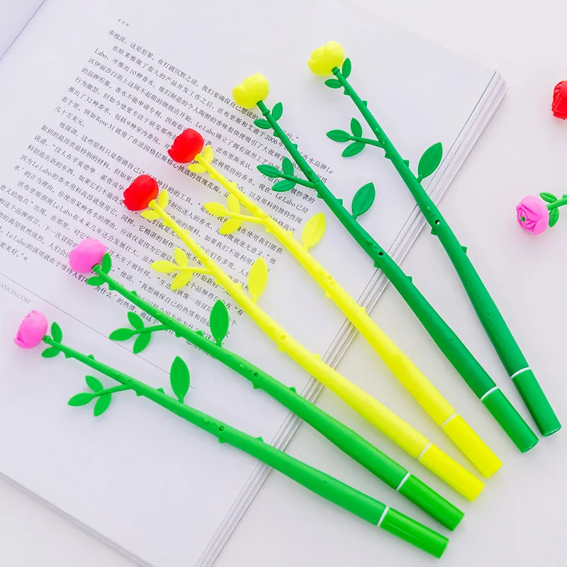 30pcs Rose Flower Gel Pen Wholesale Creative Simulation Soft Rubber Plant Flower Pens Students Black 0.5 Pen Learning Stationery