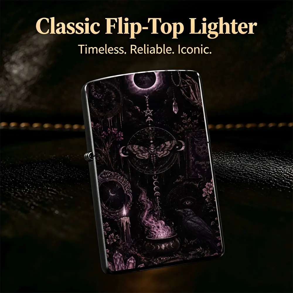 Pocket Lighter, Flip-Top Windproof Design, Metal Case, Black Bird & Candle Art Print, Comfortable Grip, Adjustable Flame, for Daily Use