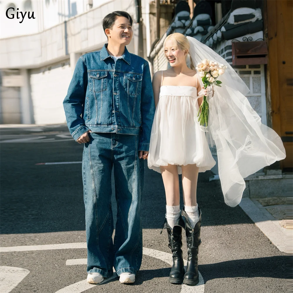 Giyu Princess Tulle A-line Mini Bridal Gown Spaghetti Strap Sleeveless Wedding Snap Dress Customized Short Pretty Bride Dress