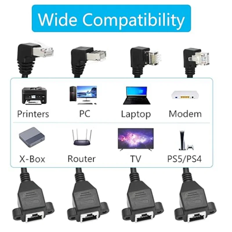90 Degree Cat5 Ethernet Extension Cable, Up Angle RJ45 Male to Female Ethernet Panel Mount with Screw Extension Shielded Cable,