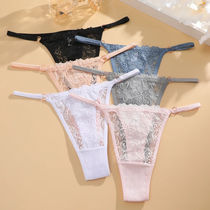 FINETOO 3PCS Cotton Low Rise Lace Thongs Underwear for Women Sexy Perspective Floral G-String Female Comfortable Solid Lingerie