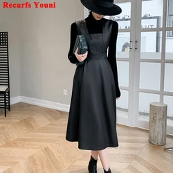 Dress Women 2024 French Hepburn Fashion Genuine Leather Sleeveless Slim Fit Long Skirt Mujer Black Elegantes Vestidos Robe Femme