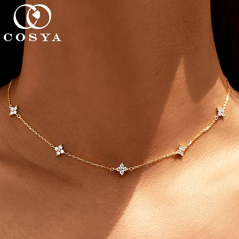

COSYA 2mm Full Moissanite Necklaces for Women 100% S925 Silver Lab Diamond Four-Leaf Clover Collar Chain Dainty Fine Jewelry