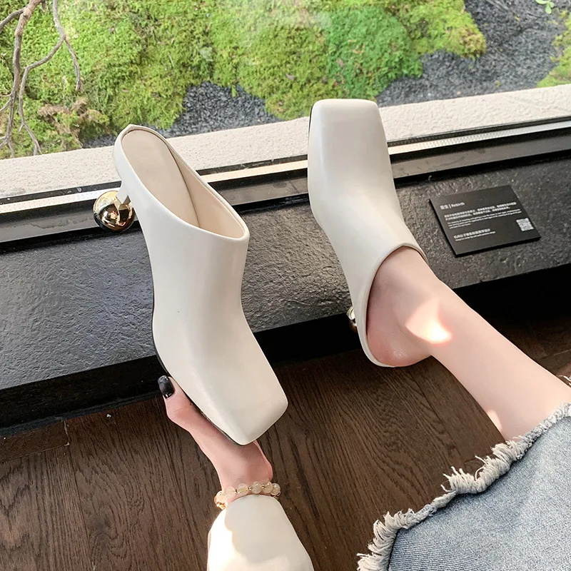 

Slip On High Heel Elegant Casual Women Slides Square Toe Shallow Summer Dress Slides Sexy Metal Strange Style Heels Shoes Size42