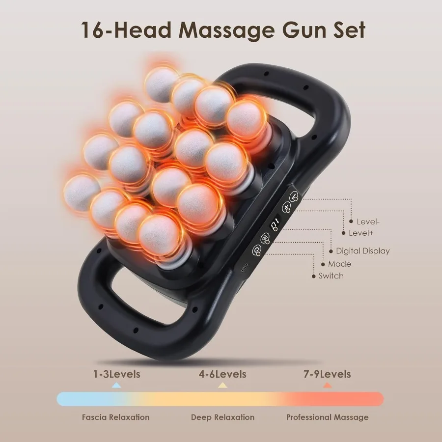 16Head Massage Gun Set for Deep Tissue Relief Electric Percussion Massager with 9 Adjustable Intensity Levels and 9 Massage Att