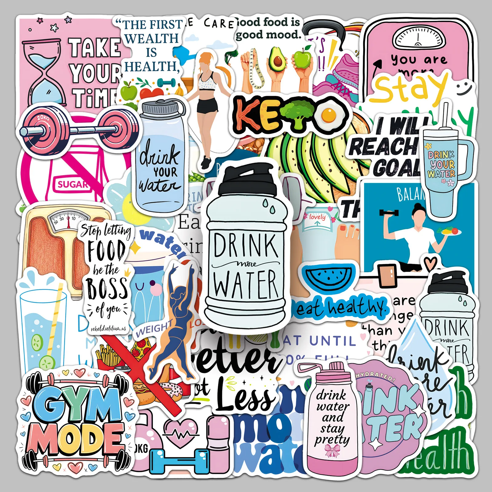 50pcs Healthy Weight Loss Phone Stickers Trendy Slogans Creative Graffiti Decals Waterproof Decor Mobile Phone Journal Stickers