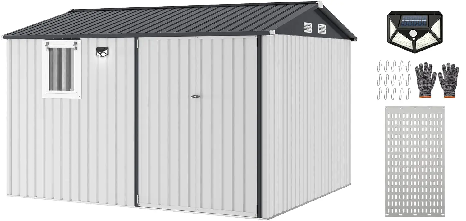 10x8 FT Heavy-Duty Metal Outdoor Storage Shed with Solar Light, Customized
