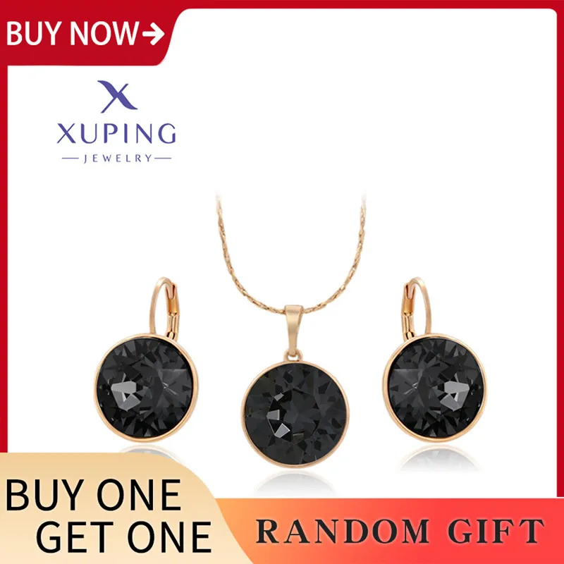 Xuping Jewelry Charm Promotion Crystal Gold Plated Round Stone Shiny Jewellry Set with Necklace and Earring for Women Girl Gift