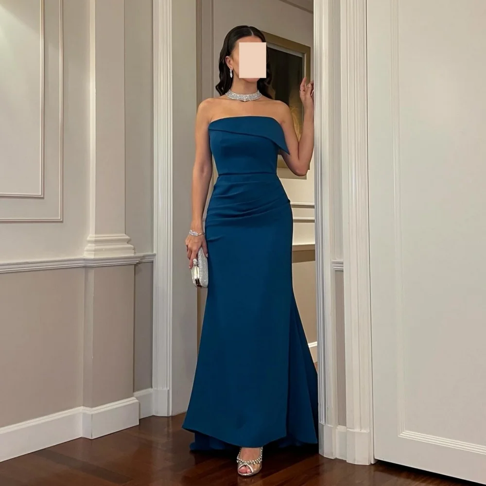

Customized Jersey Pleat Strapless Mermaid Midi Dresses Bespoke Occasion Simple Elegant Women's Evening Party Gown High Quality
