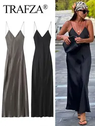 TRAFZA Dress For Women 2024 Summer Satin Sleeveless Backless V-Neck Female Chic Sexy Party Prom Long Dresses Woman Evening Dress