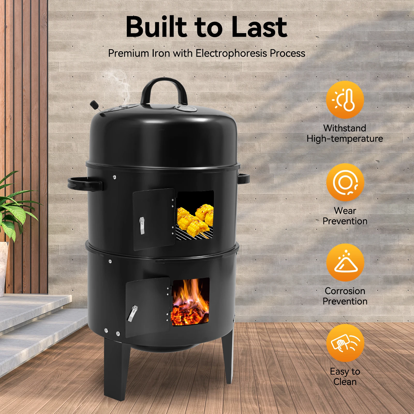 3-in-1-Räuchergrill hat Grillen, vertikal, tragbar, abnehmbar, 2 Schichten, für Camping, Outdoor, Grillen, Kochen, Schwarz – Detail 2