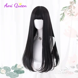 AS-peruca sintética preta reta longa com franja para mulheres, resistente ao calor, cabelo natural, perucas lolita, cosplay