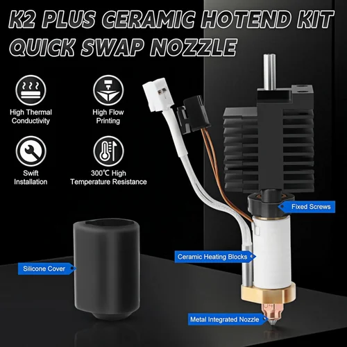 Imagen 2 del producto Kit de bloque calefactor de cerámica Oficial Creality K2 Plus, con boquilla de intercambio rápido de 0,4 mm, cubierta de silicona, pasador de limpieza y llave Allen