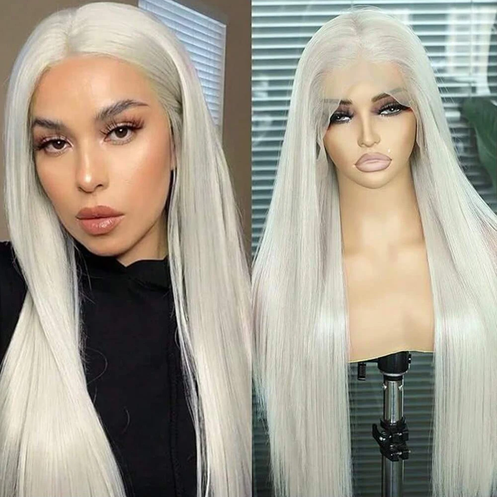 

Platinum White Color Synthetic Lace Front Wigs 13x4 Free Part Pre Plucked Natural Hairline 26 Inch Long Silky Straight Hair Soft