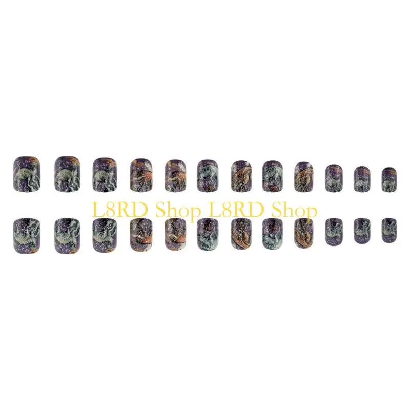 L8RD 24Pcs Short Square False Acrylic ons Glitters Dinosaur Press on Suitable for Holiday and Party Occasion