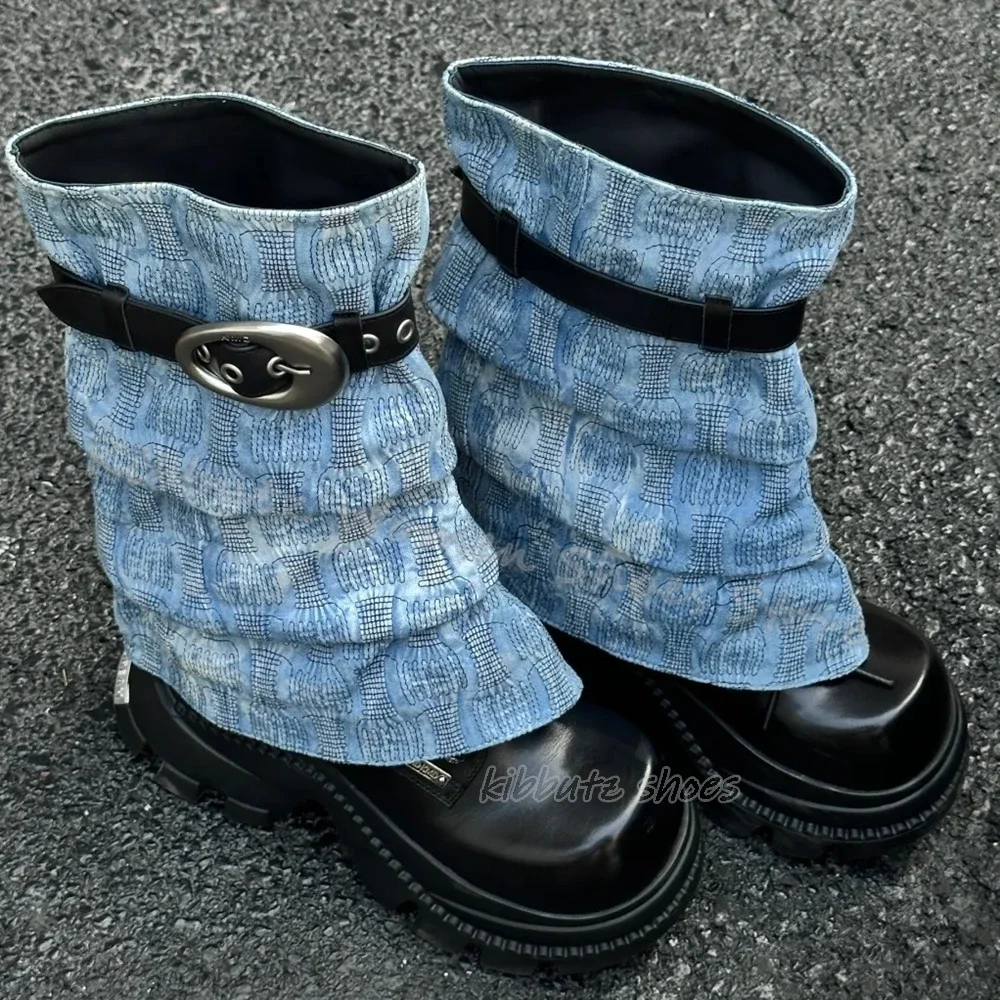 

Denim Cloth Ankle Boots Belt Buckle Pleated Platform Slip-On Genuine Leather Fashion Novelty Sexy Women Shoes Newest Mixed Color