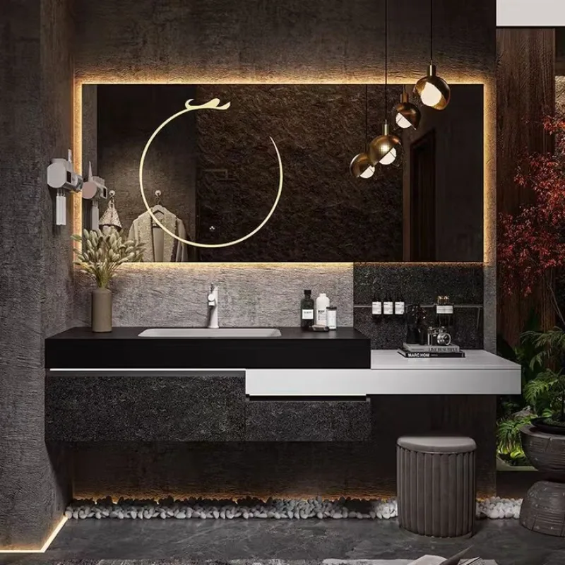 

Italian minimalist vanity integrated rock slab seamless basin bathroom cabinet vanity sink basin combination 150 150cm