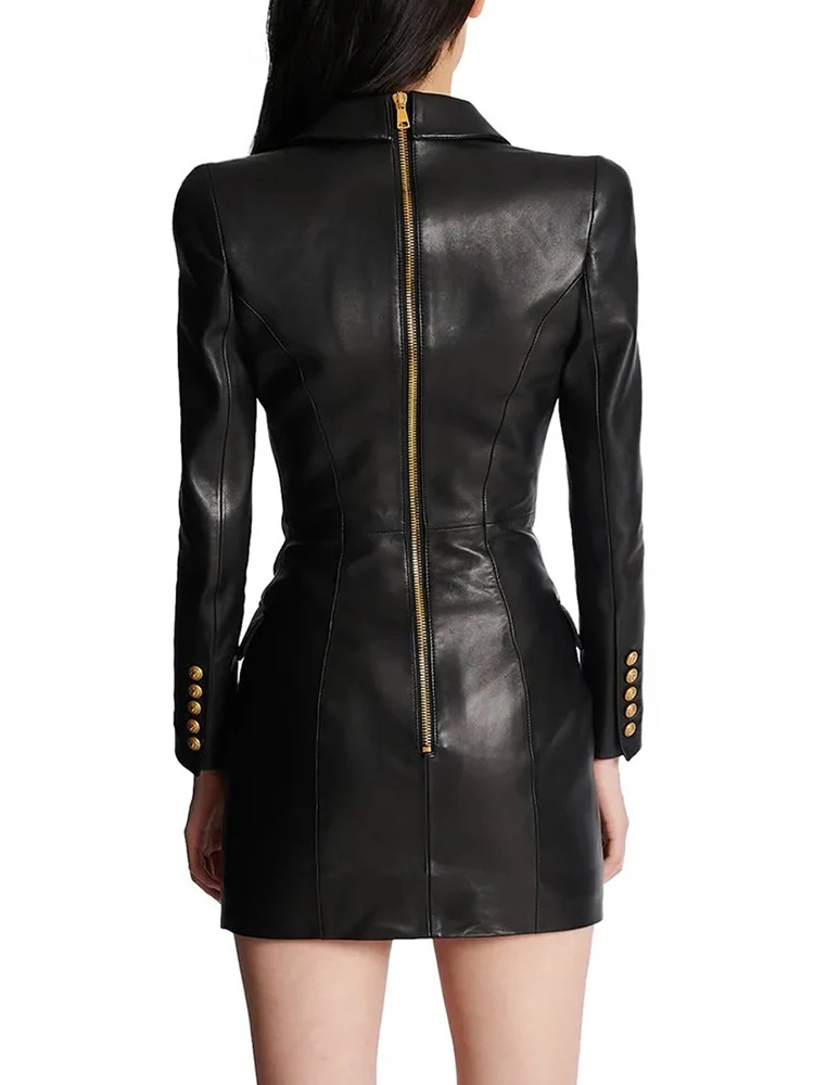 HIGH STREET Newest Fashion 2024 Designer Women\'s Lion Metal Buttons Faux Leather Blazer Dress