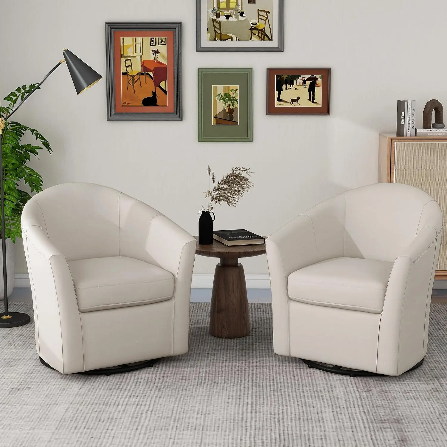 Swivel Accent Chair Set of 2, Fully Assembled Barrel Armchair, Beige, Customized