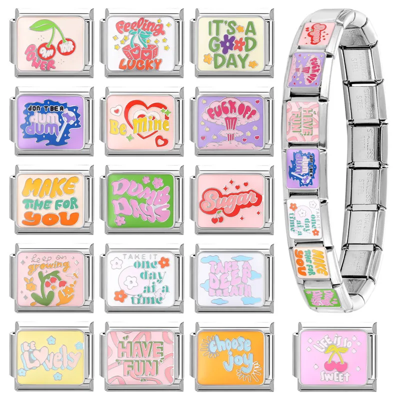 الكلمات الملونة الفن تصميم السلطة محظوظ متعة يكون بلدي سحر الإيطالية رابط صالح 9 مللي متر الفولاذ المقاوم للصدأ سوار الرجال النساء DIY بها بنفسك صنع