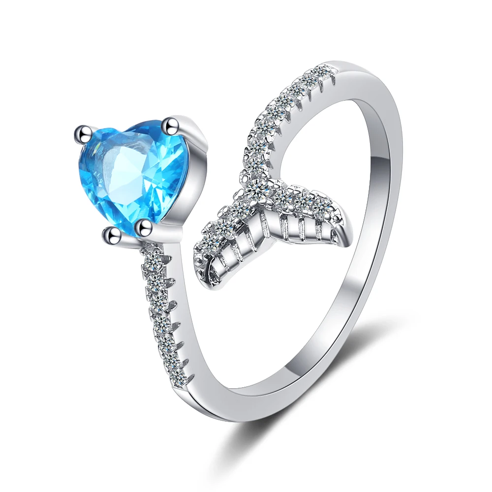 Love Heart Natural Sky Blue Topaz 925 Sterling Silver Mermaid Fishtail Open Ring for Woman Gemstone Fine Jewelry Party Gift