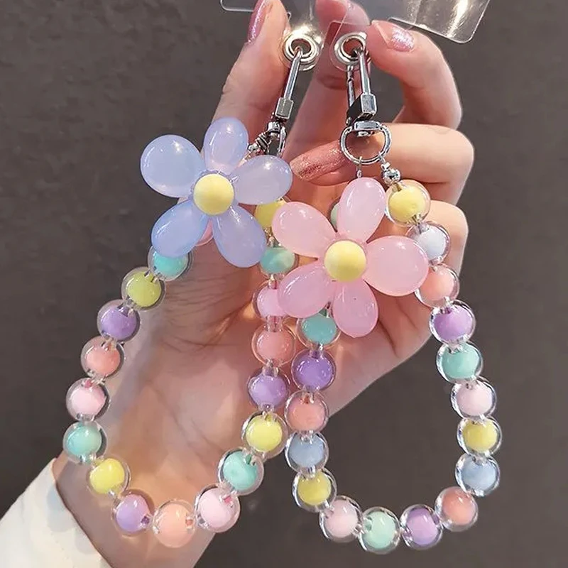Lanyard voor mobiele telefoon Korte stijl polsband Kristallen bloem Handgemaakte kralenarmband Hanger Lanyard Anti-verloren brede polsbanden