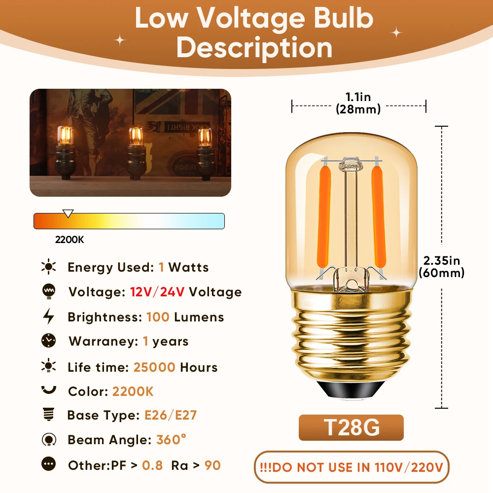 Imagem -03 - Substituição Led Lâmpada de Filamento para Off-grid Sistema de Bateria Solar Rvs Iluminação Marinha Vintage Baixa Tensão dc 24v T28 12v