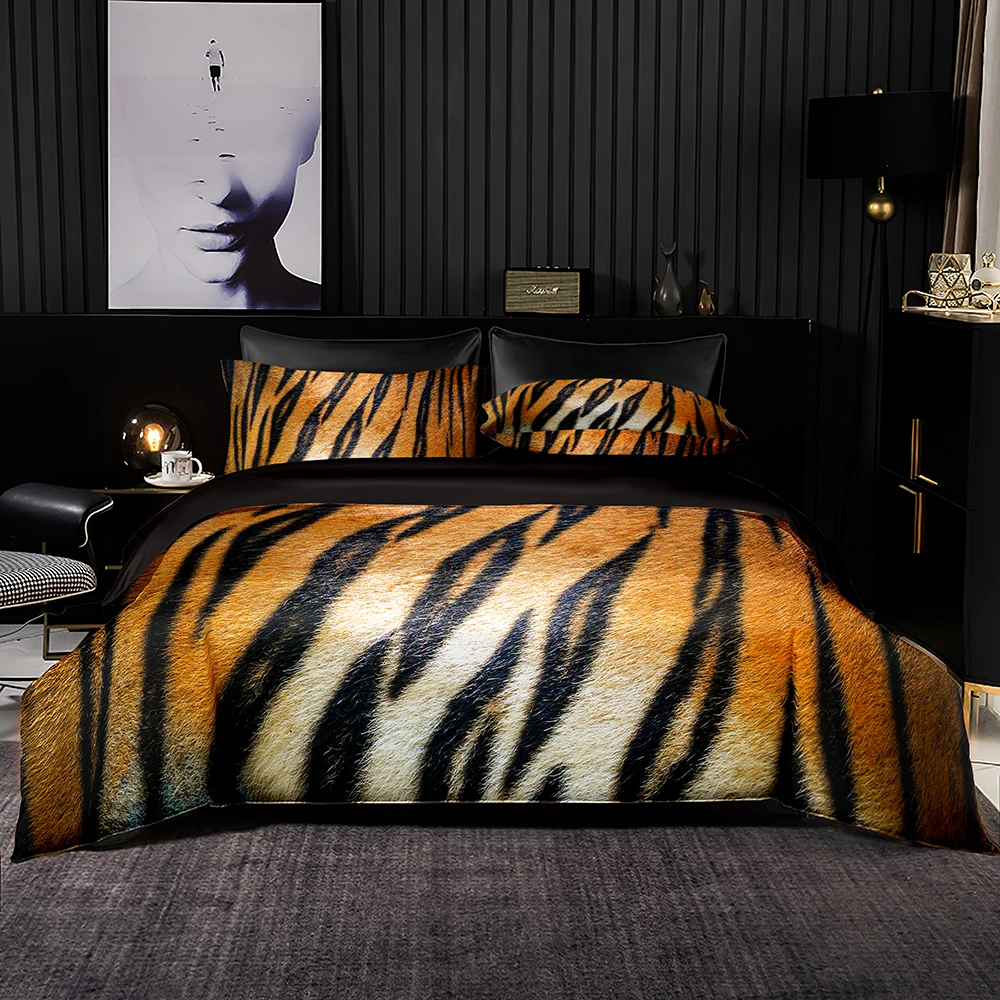 Tiger Pattern Duvet Cover Queen Size,Single/Double Quilt Cover with Pillowcase,black Faux Satin Bedding Set King