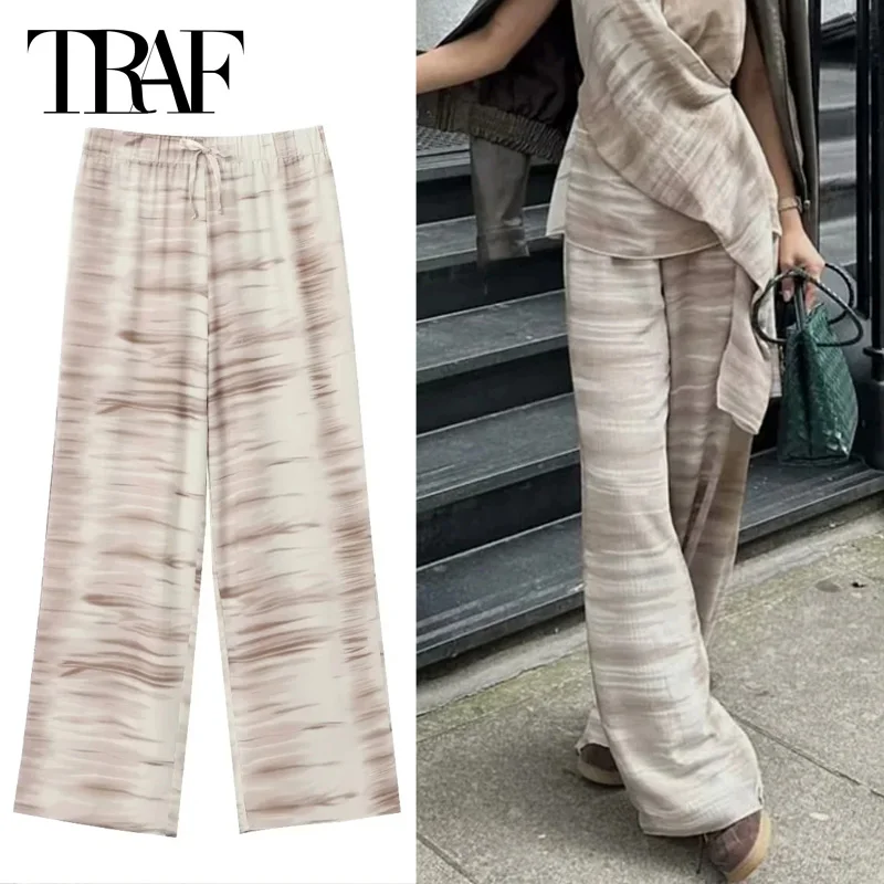 TRAF Women\'s Pants Summer 2024 Tie Dye Verticality Pants High Waist Wide Leg Print Long Trousers Casual Lace-Up Streetwear Pants